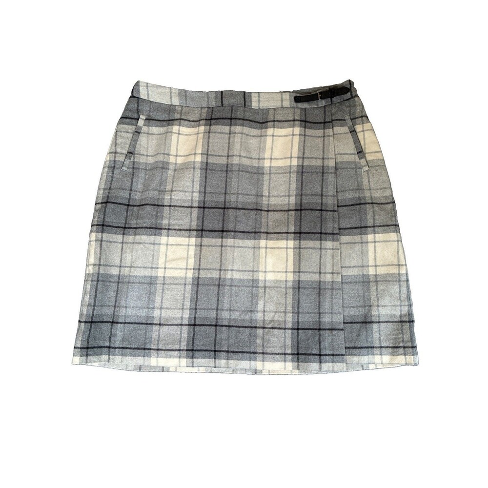 LL Bean Womens Faux Wrap Flannel Plaid Grey Lined 100% Cotton Skirt 16